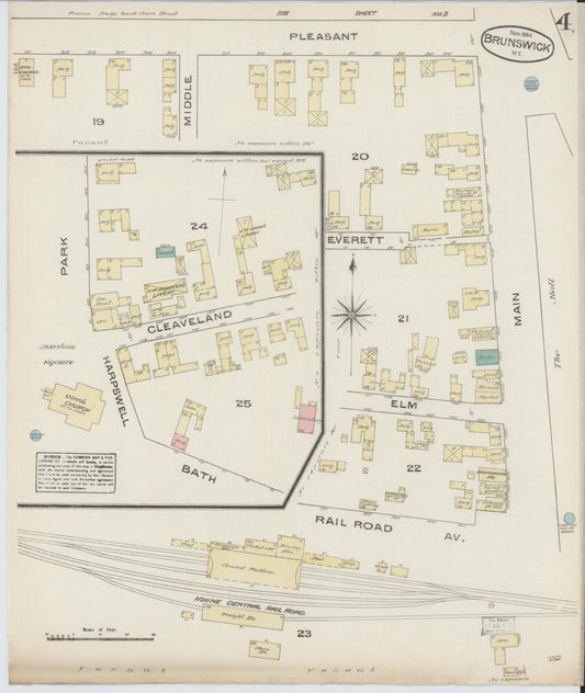 Sanborn Fire Insurance Map from Brunswick, Cumberland County, Maine (1884), Sheet #0004 - Historic Sanborn Fire Insurance Map Print, vintage old map wall art, antique decor, genealogy gift, Maine Maine map