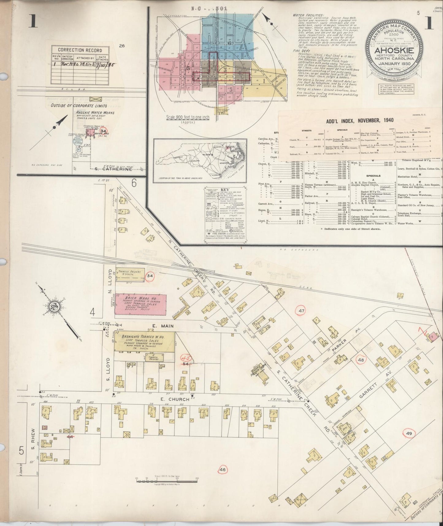 Sanborn Fire Insurance Map from Ahoskie, Hertford County, North Carolina (1940), Sheet #0001 - Historic Sanborn Fire Insurance Map Print, vintage old map wall art, antique decor, genealogy gift, North Carolina North Carolina map