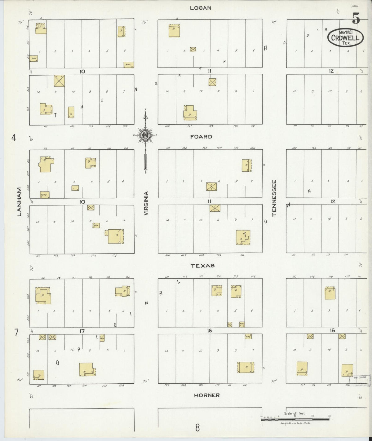 Sanborn Fire Insurance Map from Crowell, Foard County, Texas (1921), Sheet #0005 - Complete Map Set gallery image, historic Sanborn map, vintage wall art, Texas Texas