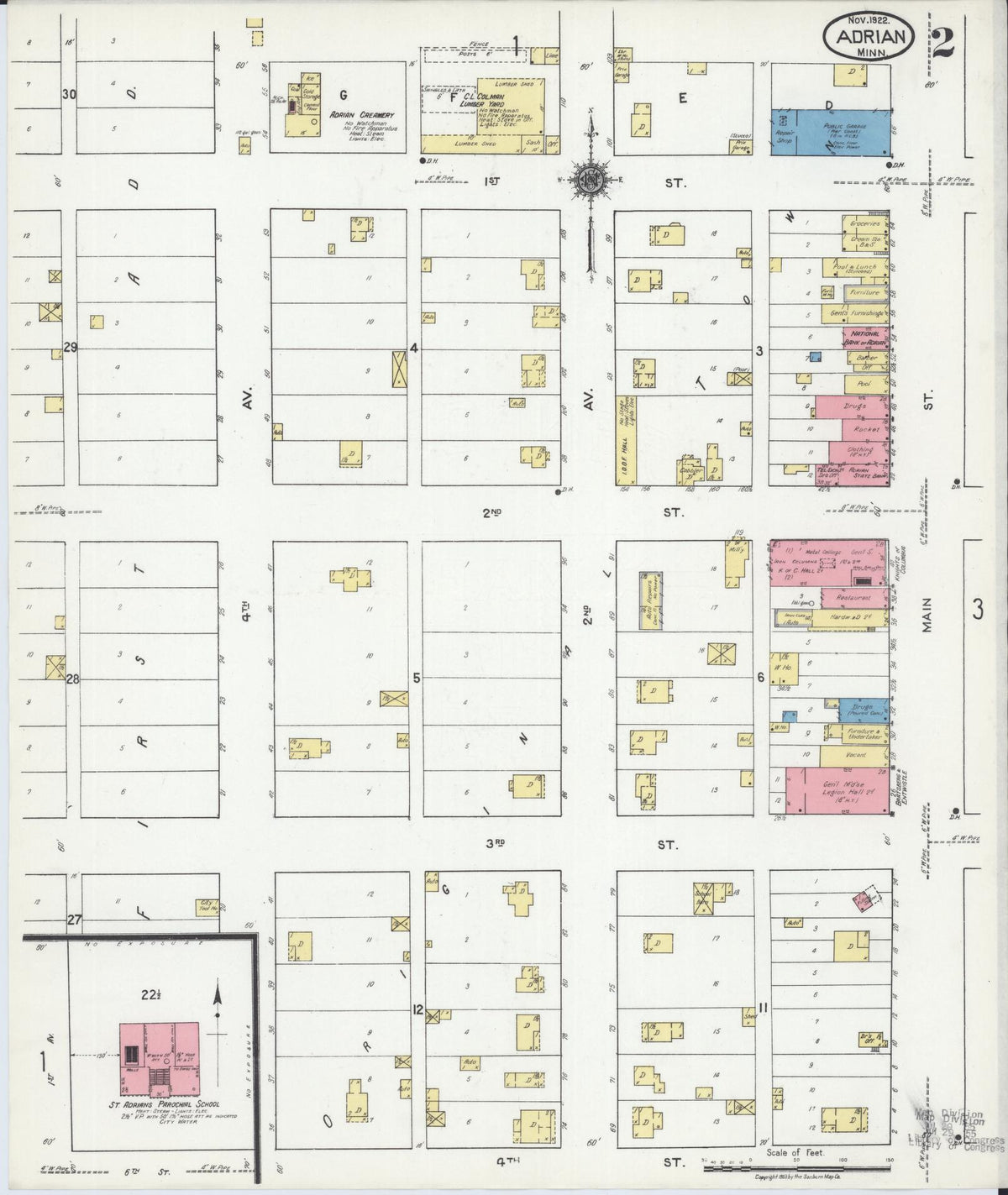 Sanborn Fire Insurance Map from Adrian, Nobles County, Minnesota (1922), Sheet #0002 - Historic Sanborn Fire Insurance Map Print, vintage old map wall art, antique decor, genealogy gift, Minnesota Minnesota map