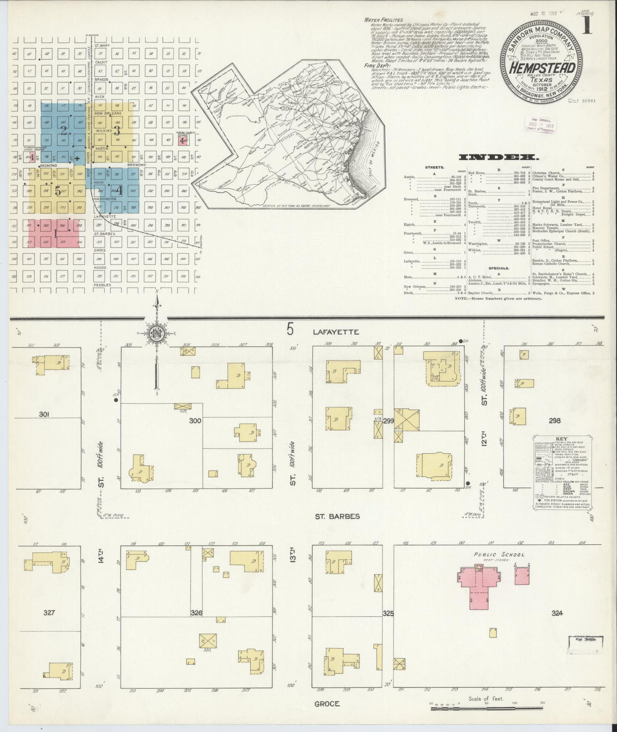 Sanborn Fire Insurance Map from Hempstead, Waller County, Texas (1912), Sheet #0001 - Historic Sanborn Fire Insurance Map Print, vintage old map wall art, antique decor, genealogy gift, Texas Texas map