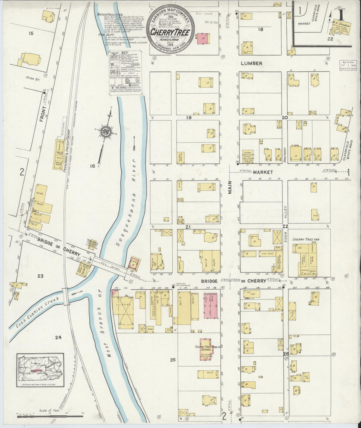 Sanborn Fire Insurance Map from Cherry Tree, Indiana County, Pennsylvania (1916), Sheet #0001 - Historic Sanborn Fire Insurance Map Print, vintage old map wall art, antique decor, genealogy gift, Cherry Tree Indiana map