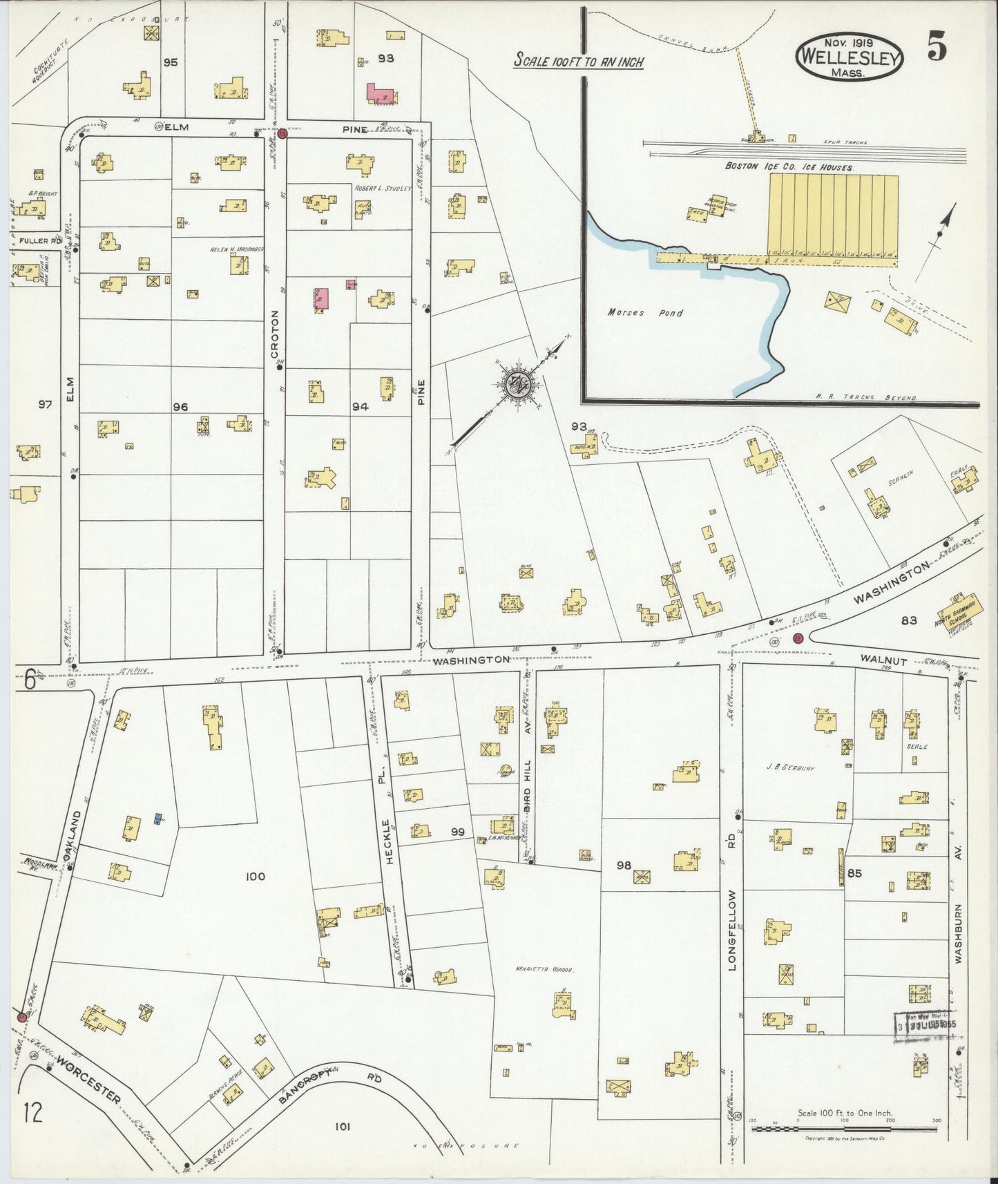 Sanborn Fire Insurance Map from Wellesley, Norfolk County, Massachusetts (1919), Sheet #0005 - Historic Sanborn Fire Insurance Map Print, vintage old map wall art, antique decor, genealogy gift, Massachusetts Massachusetts map