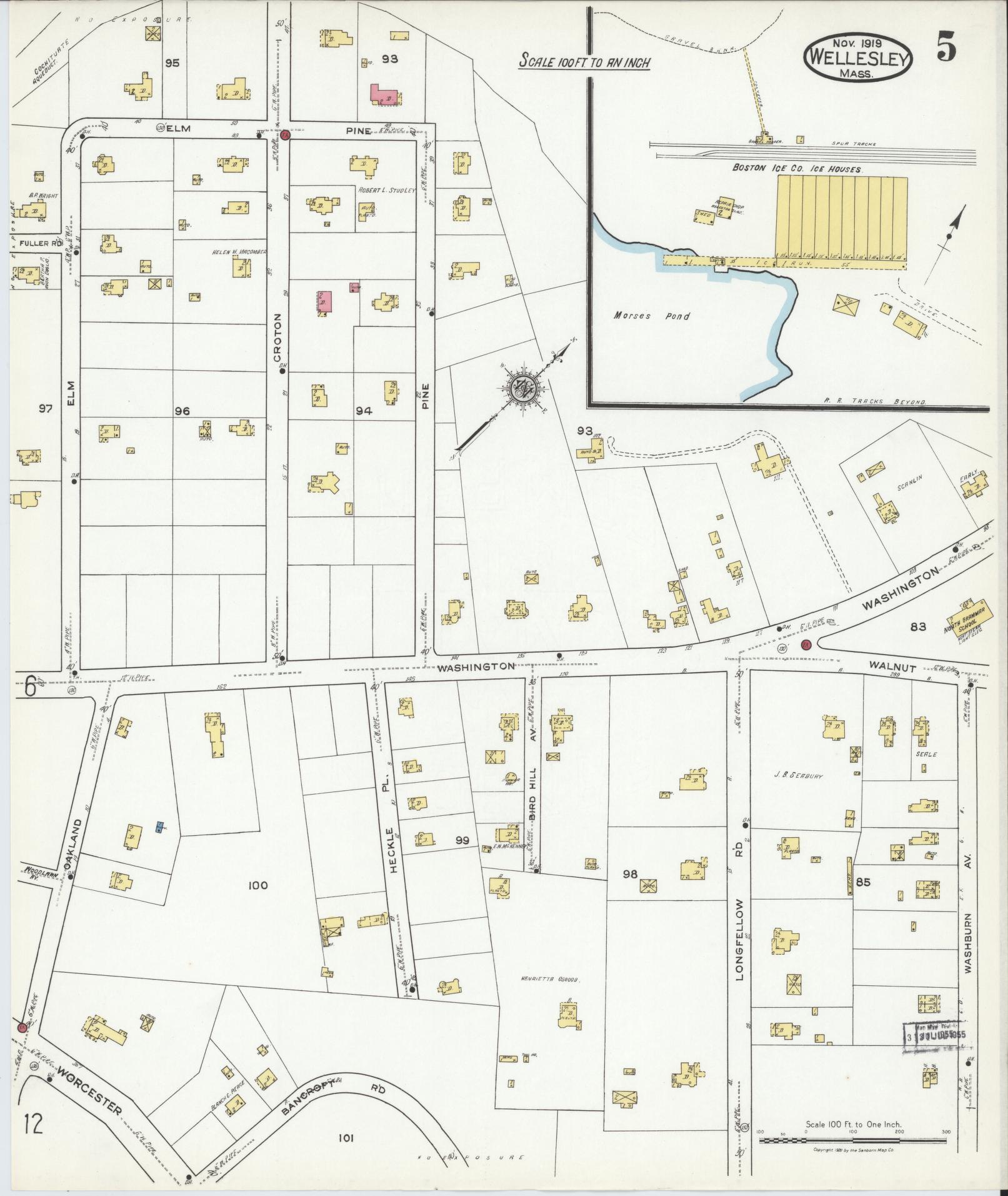 Sanborn Fire Insurance Map from Wellesley, Norfolk County, Massachusetts (1919), Sheet #0005 - Historic Sanborn Fire Insurance Map Print, vintage old map wall art, antique decor, genealogy gift, Massachusetts Massachusetts map