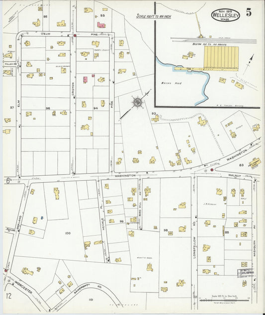 Sanborn Fire Insurance Map from Wellesley, Norfolk County, Massachusetts (1919), Sheet #0005 - Historic Sanborn Fire Insurance Map Print, vintage old map wall art, antique decor, genealogy gift, Massachusetts Massachusetts map