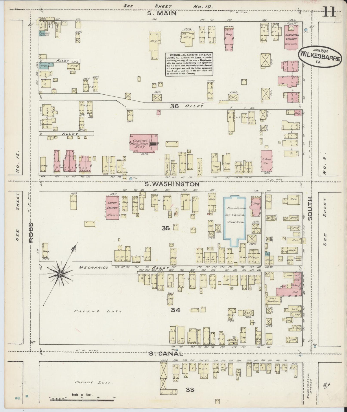 Sanborn Fire Insurance Map from Wilkes Barre, Luzerne County, Pennsylvania (1884), Sheet #0011 - Historic Sanborn Fire Insurance Map Print, vintage old map wall art, antique decor, genealogy gift, Pennsylvania Pennsylvania map