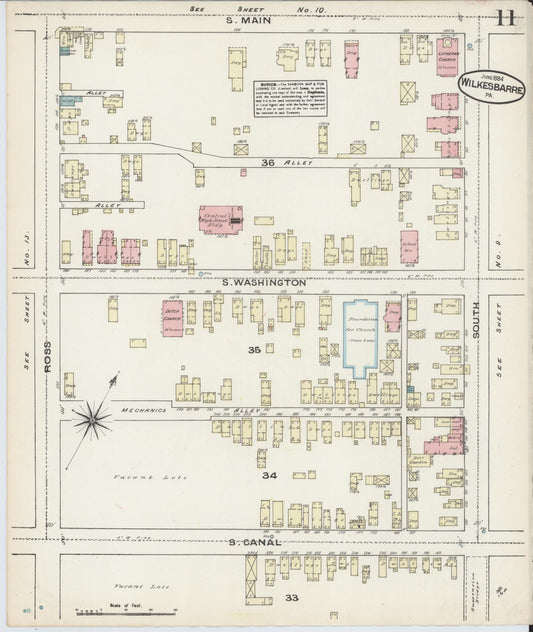 Sanborn Fire Insurance Map from Wilkes Barre, Luzerne County, Pennsylvania (1884), Sheet #0011 - Historic Sanborn Fire Insurance Map Print, vintage old map wall art, antique decor, genealogy gift, Pennsylvania Pennsylvania map