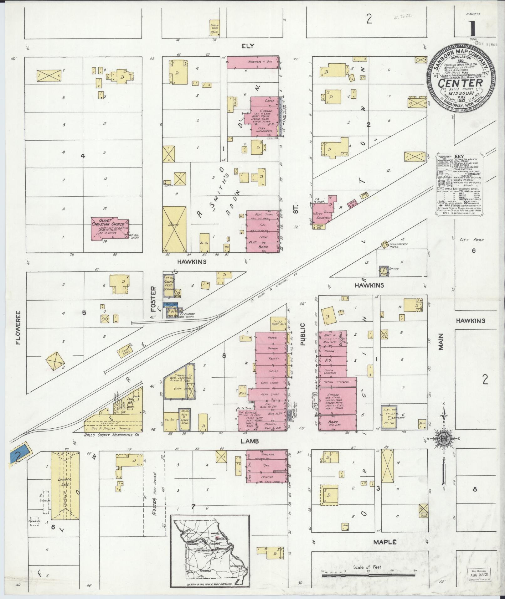 Sanborn Fire Insurance Map from Center, Ralls County, Missouri (1921), Sheet #0001 - Complete Map Set gallery image, historic Sanborn map, vintage wall art, Missouri Missouri