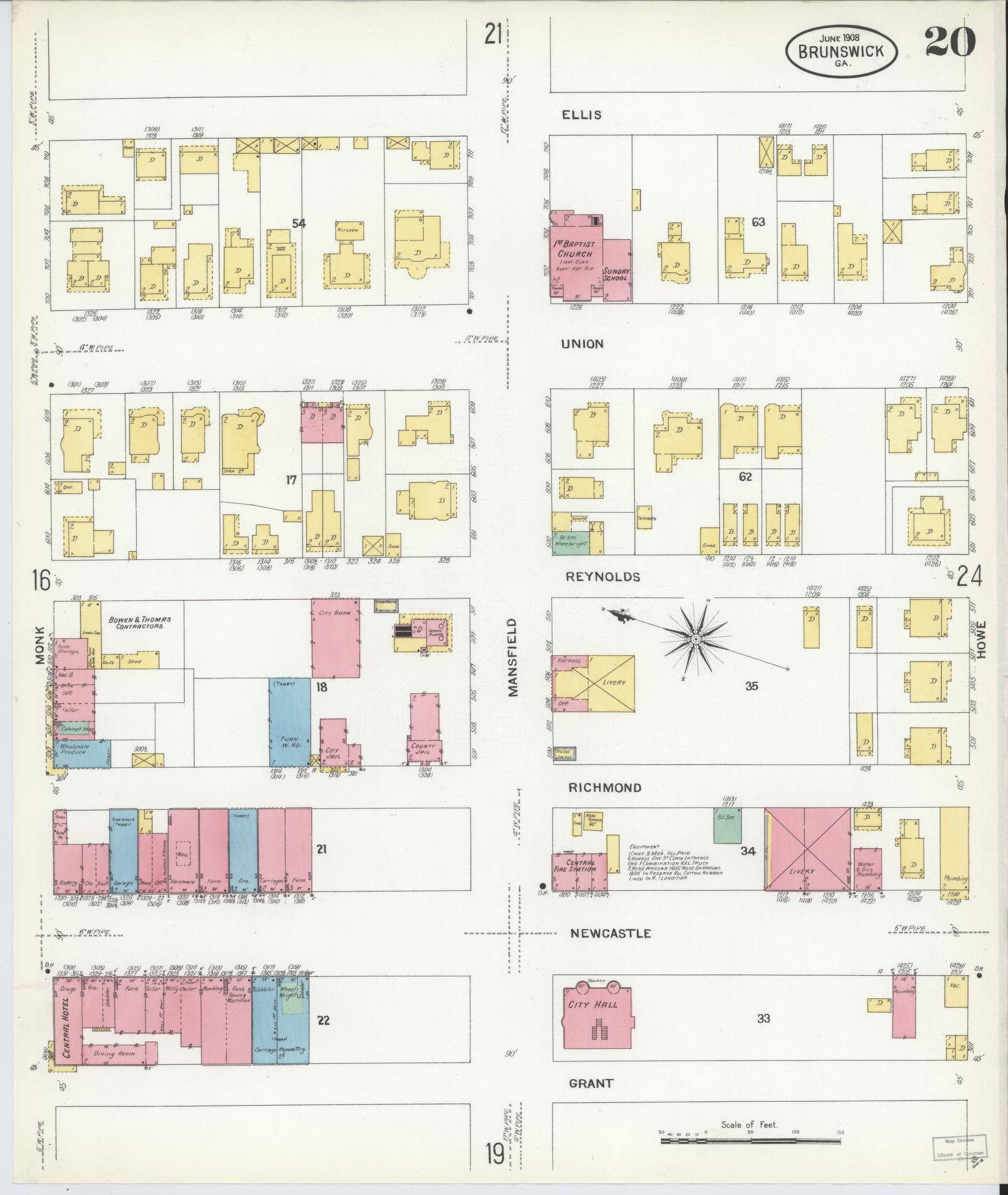 Sanborn Fire Insurance Map from Brunswick, Glynn County, Georgia (1908), Sheet #0020 - Complete Map Set gallery image, historic Sanborn map, vintage wall art, Georgia Georgia