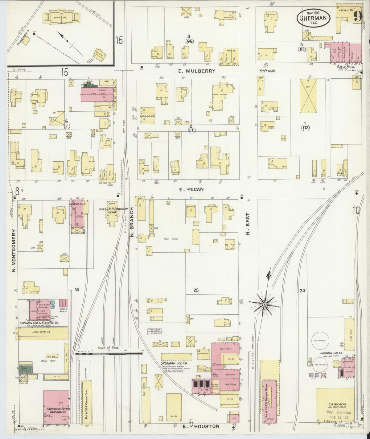 Sanborn Fire Insurance Map from Sherman, Grayson County, Texas (1908), Sheet #0009 - Complete Map Set gallery image, historic Sanborn map, vintage wall art, Texas Texas