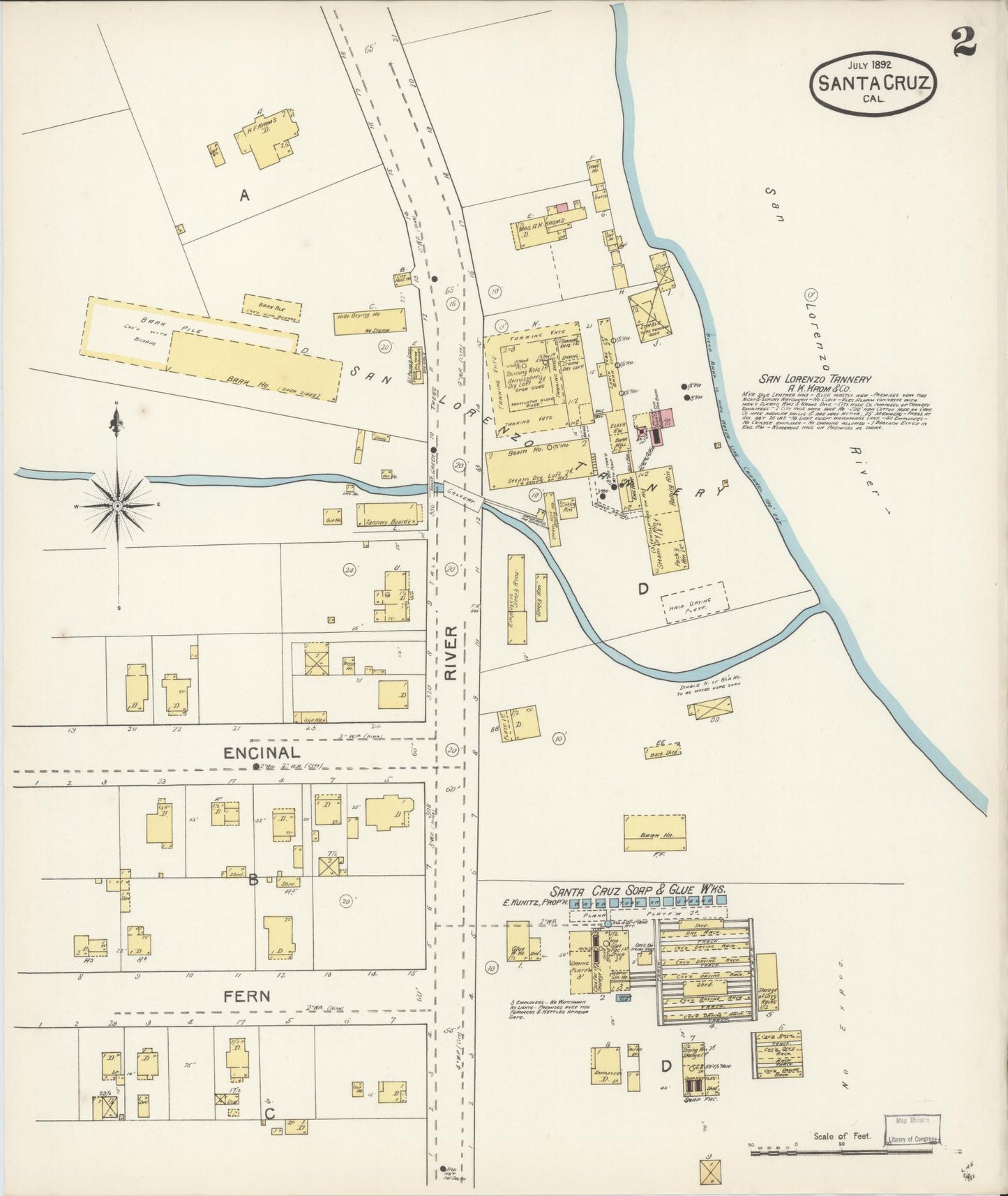 Sanborn Fire Insurance Map from Santa Cruz, Santa Cruz County, California (1892), Sheet #0002 - Complete Map Set gallery image, historic Sanborn map, vintage wall art, California California