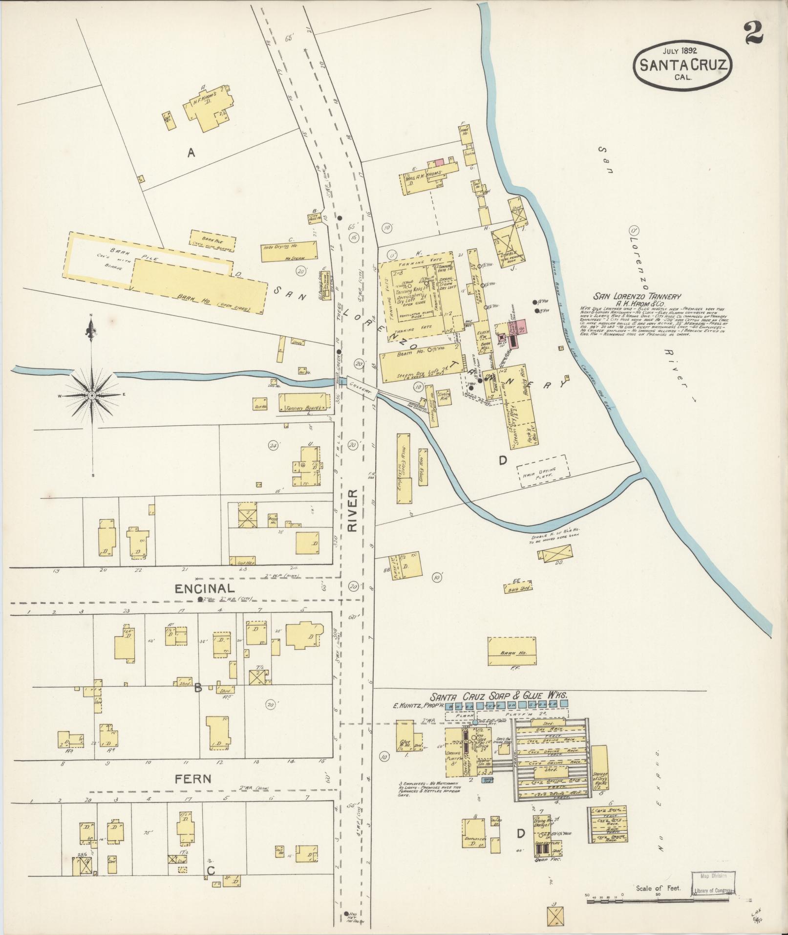 Sanborn Fire Insurance Map from Santa Cruz, Santa Cruz County, California (1892), Sheet #0002 - Complete Map Set gallery image, historic Sanborn map, vintage wall art, California California
