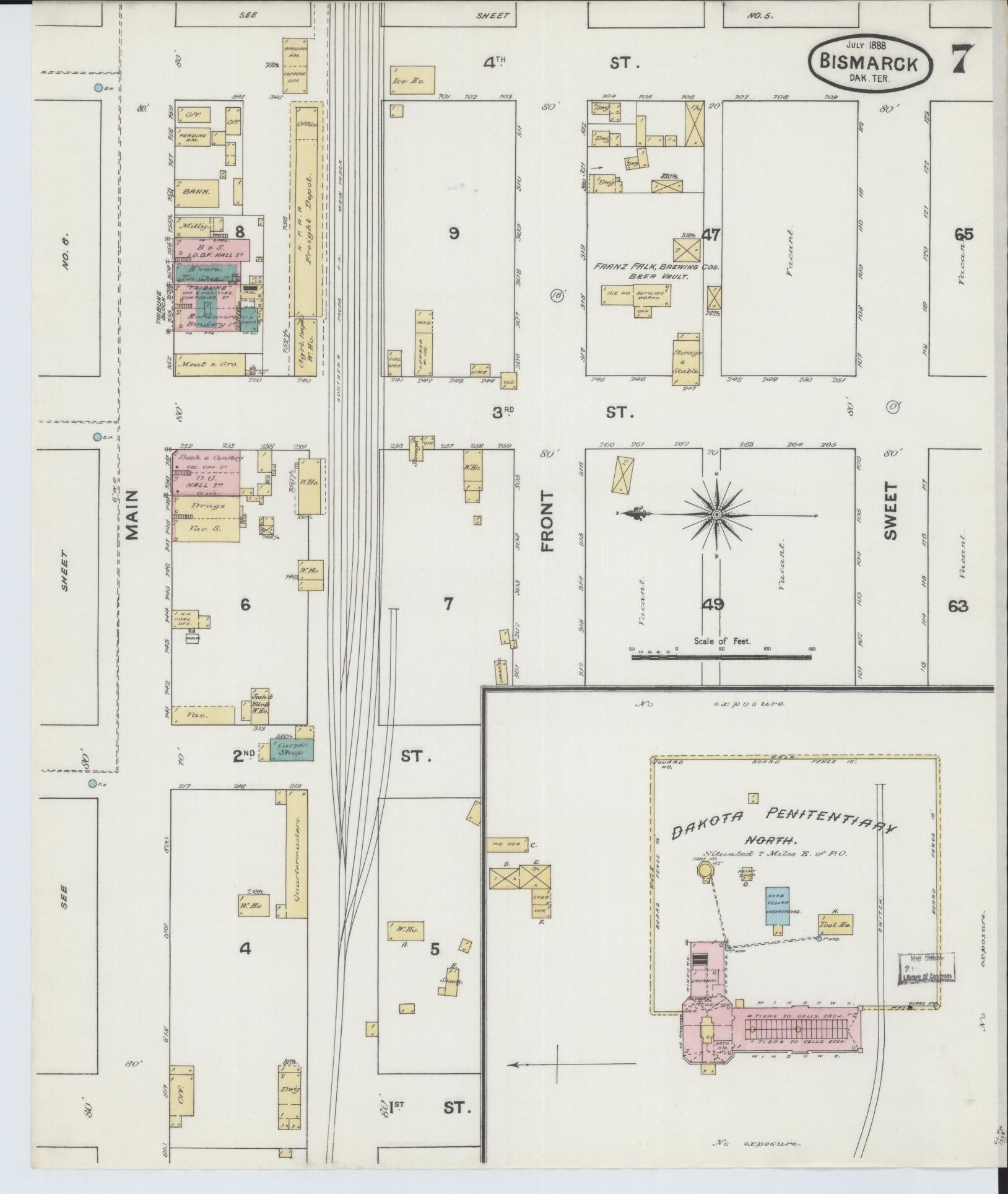 Sanborn Fire Insurance Map from Bismarck, Burleigh County, North Dakota (1888), Sheet #0007 - Historic Sanborn Fire Insurance Map Print, vintage old map wall art, antique decor, genealogy gift, North Dakota North Dakota map