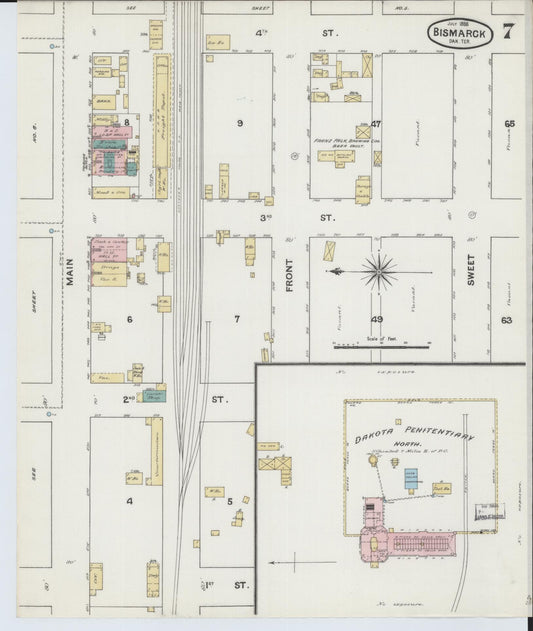 Sanborn Fire Insurance Map from Bismarck, Burleigh County, North Dakota (1888), Sheet #0007 - Historic Sanborn Fire Insurance Map Print, vintage old map wall art, antique decor, genealogy gift, North Dakota North Dakota map