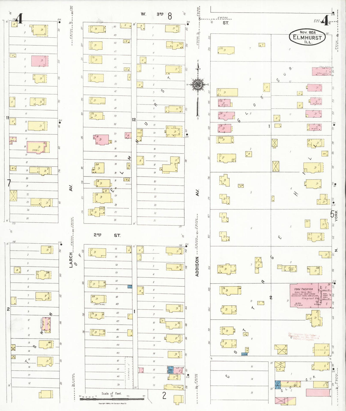 Sanborn Fire Insurance Map from Elmhurst, Du Page County, Illinois (1924), Sheet #0004 - Historic Sanborn Fire Insurance Map Print, vintage old map wall art, antique decor, genealogy gift, Illinois Illinois map