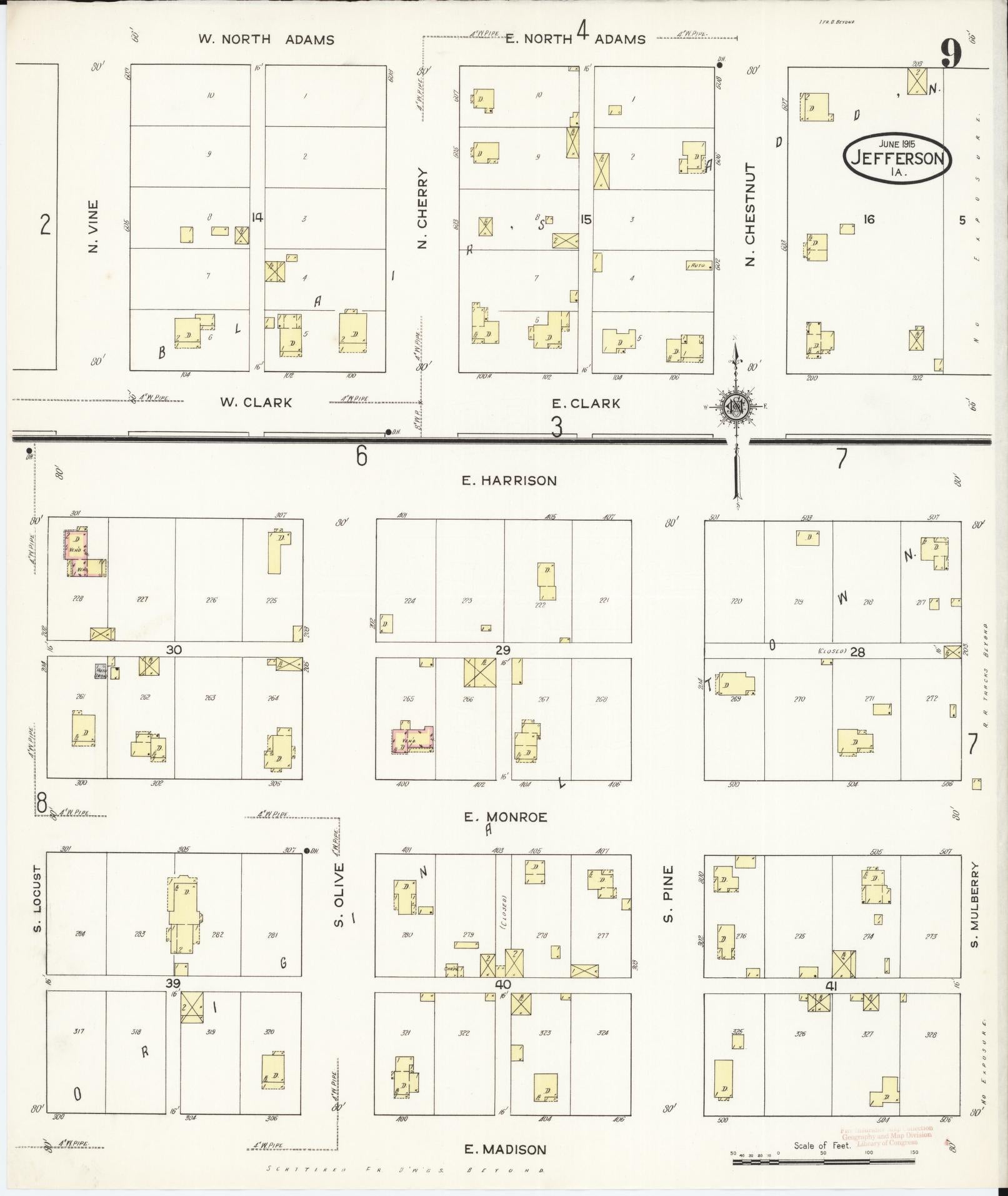 Sanborn Fire Insurance Map from Jefferson, Greene County, Iowa (1915), Sheet #0009 - Historic Sanborn Fire Insurance Map Print, vintage old map wall art
