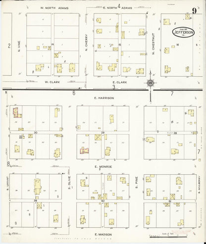 Sanborn Fire Insurance Map from Jefferson, Greene County, Iowa (1915), Sheet #0009 - Historic Sanborn Fire Insurance Map Print, vintage old map wall art