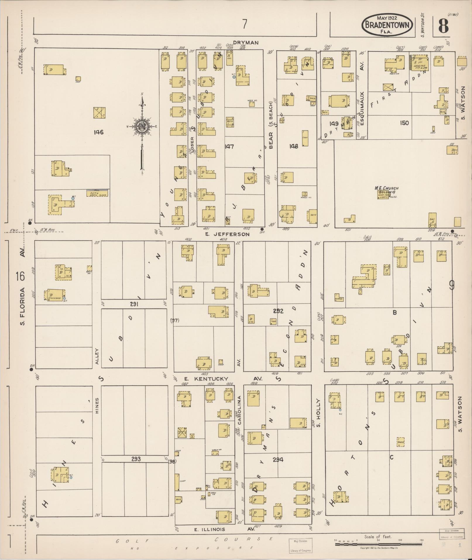 Sanborn Fire Insurance Map from Bradentown, Manatee County, Florida (1922), Sheet #0008 - Historic Sanborn Fire Insurance Map Print, vintage old map wall art, antique decor, genealogy gift, Florida Florida map