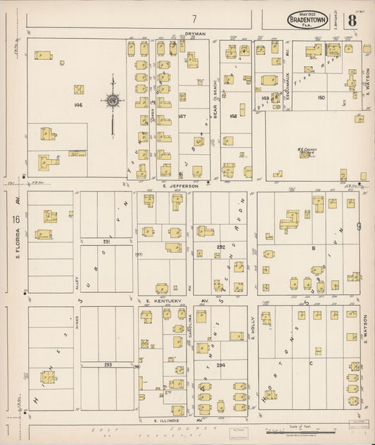 Sanborn Fire Insurance Map from Bradentown, Manatee County, Florida (1922), Sheet #0008 - Historic Sanborn Fire Insurance Map Print, vintage old map wall art, antique decor, genealogy gift, Florida Florida map