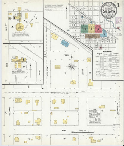 Sanborn Fire Insurance Map from Coleman, Coleman County, Texas (1904), Sheet #0001 - Historic Sanborn Fire Insurance Map Print, vintage old map wall art, antique decor, genealogy gift, Texas Texas map