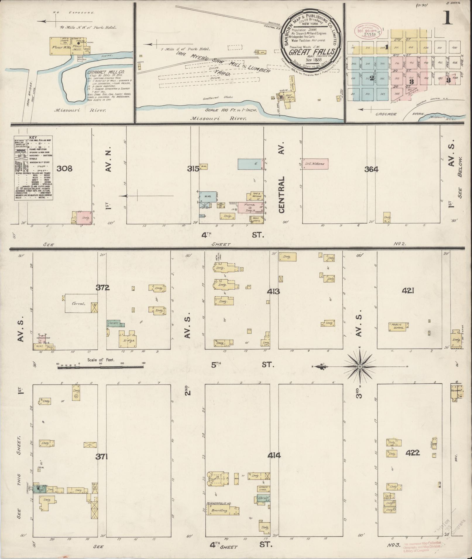 Sanborn Fire Insurance Map from Great Falls, Cascade County, Montana (1888), Sheet #0001 - Historic Sanborn Fire Insurance Map Print, vintage old map wall art, antique decor, genealogy gift, Montana Montana map