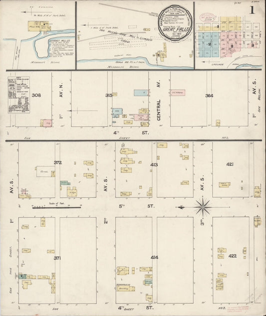 Sanborn Fire Insurance Map from Great Falls, Cascade County, Montana (1888), Sheet #0001 - Historic Sanborn Fire Insurance Map Print, vintage old map wall art, antique decor, genealogy gift, Montana Montana map