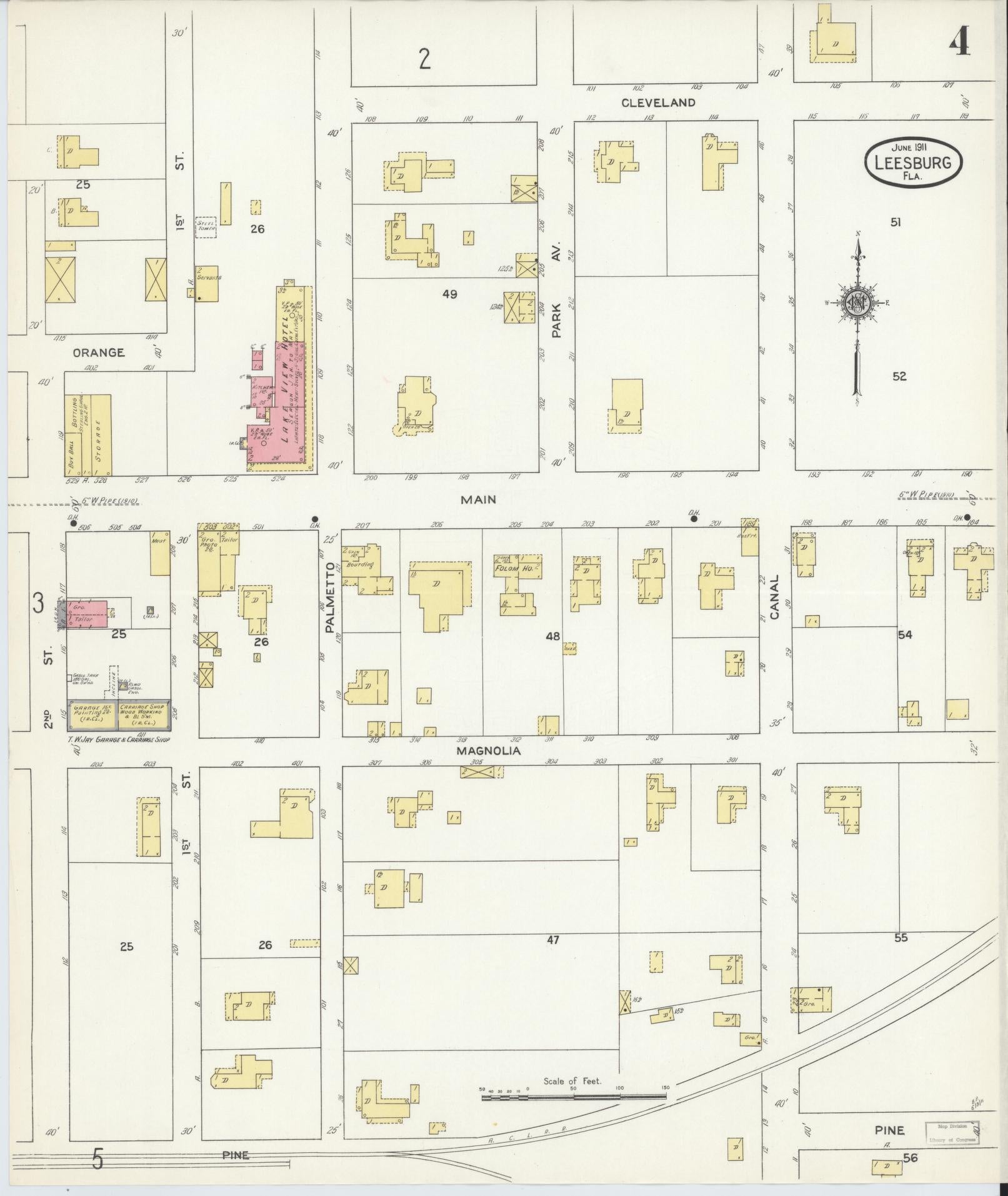 Sanborn Fire Insurance Map from Leesburg, Lake County, Florida (1911), Sheet #0004 - Complete Map Set gallery image, historic Sanborn map, vintage wall art, Florida Florida