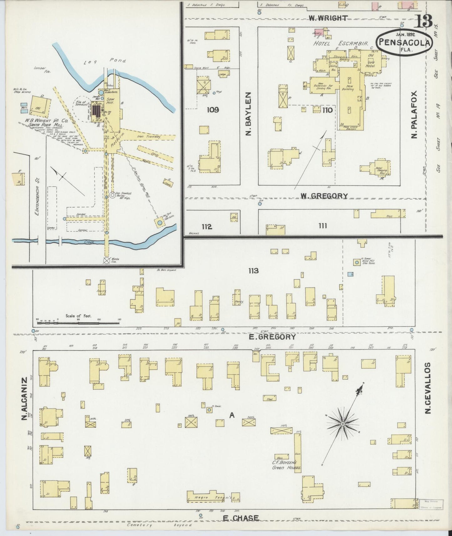 Sanborn Fire Insurance Map from Pensacola, Escambia County, Florida (1892), Sheet #0013 - Complete Map Set gallery image, historic Sanborn map, vintage wall art, Florida Florida