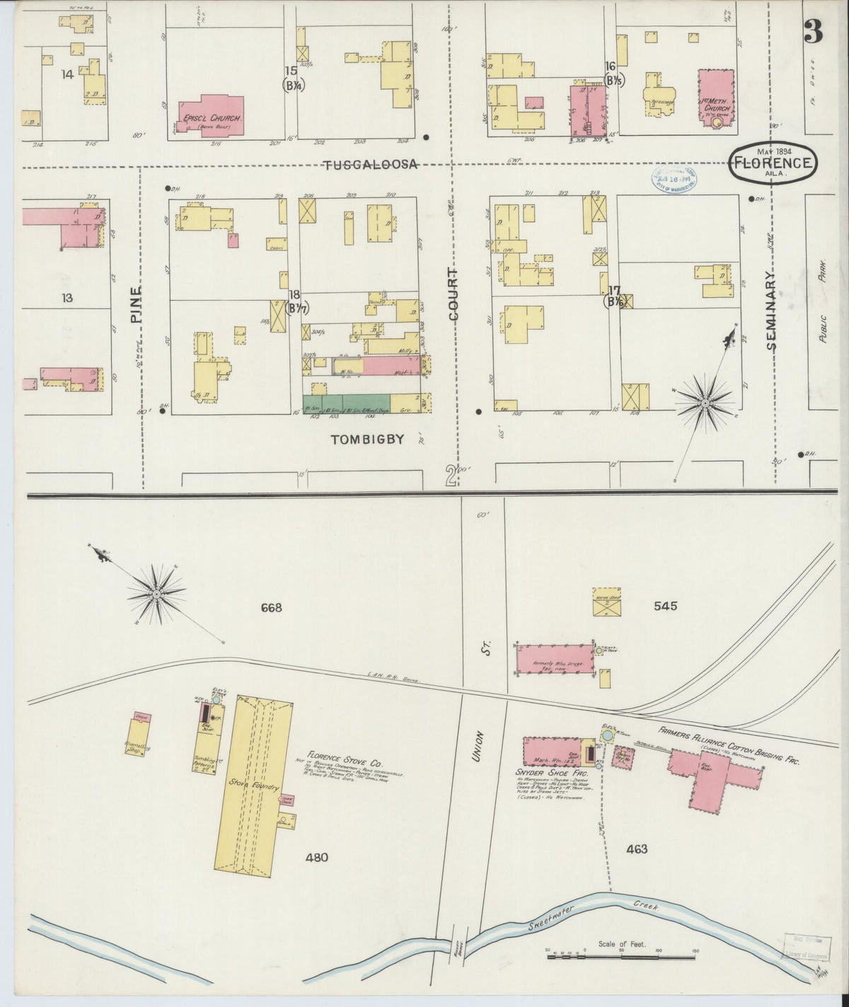 Sanborn Fire Insurance Map from Florence, Lauderdale County, Alabama (1894), Sheet #0003 - Complete Map Set gallery image, historic Sanborn map, vintage wall art, Alabama Alabama