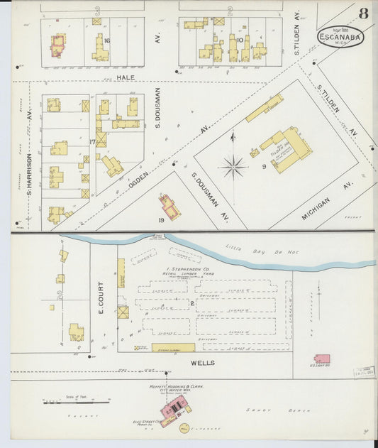 Sanborn Fire Insurance Map from Escanaba, Delta County, Michigan (1893), Sheet #0008 - Historic Sanborn Fire Insurance Map Print, vintage old map wall art, antique decor, genealogy gift, Michigan Michigan map