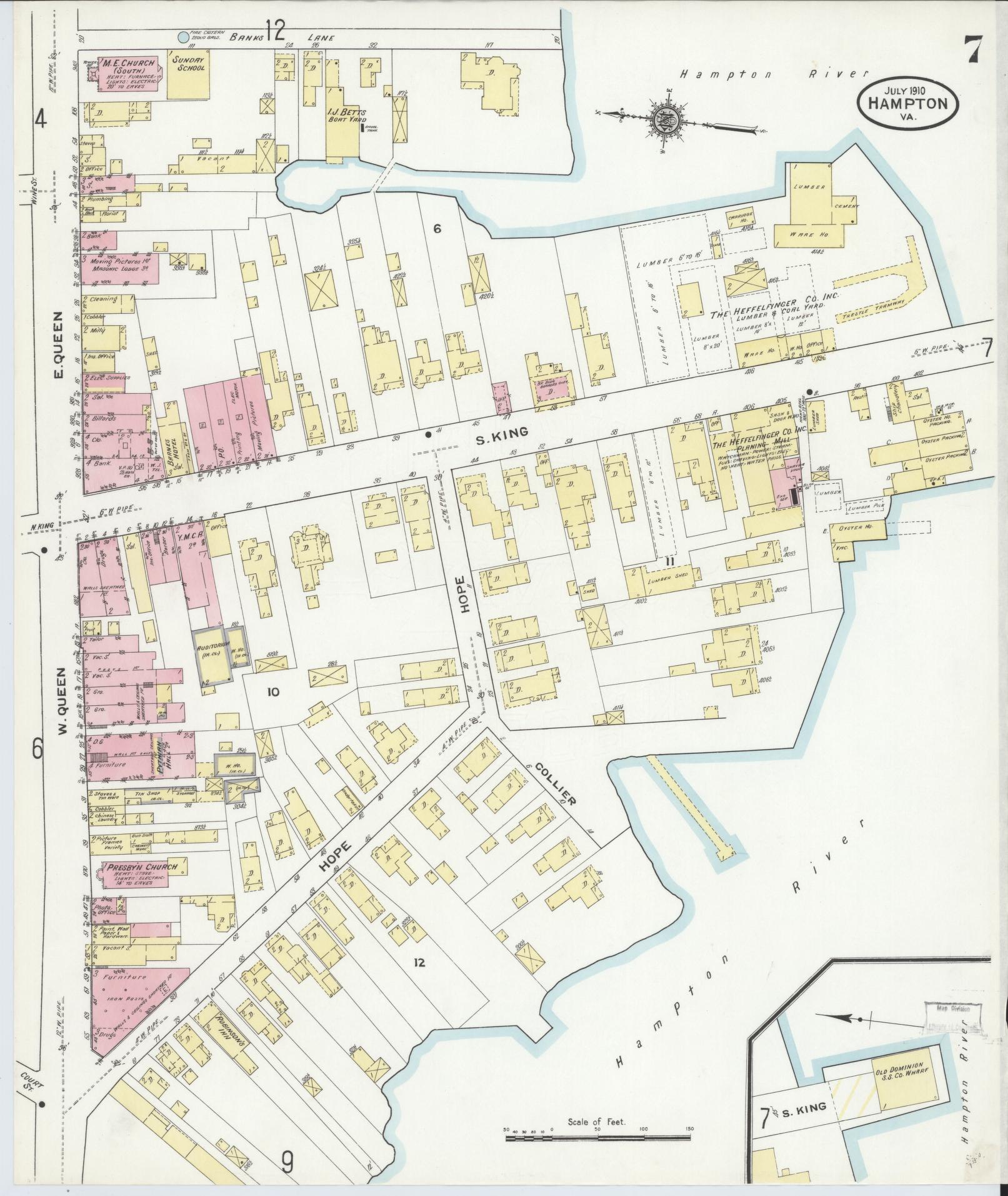 Sanborn Fire Insurance Map from Hampton, Independent Cities, Virginia (1910), Sheet #0007 - Complete Map Set gallery image, historic Sanborn map, vintage wall art, Virginia Virginia