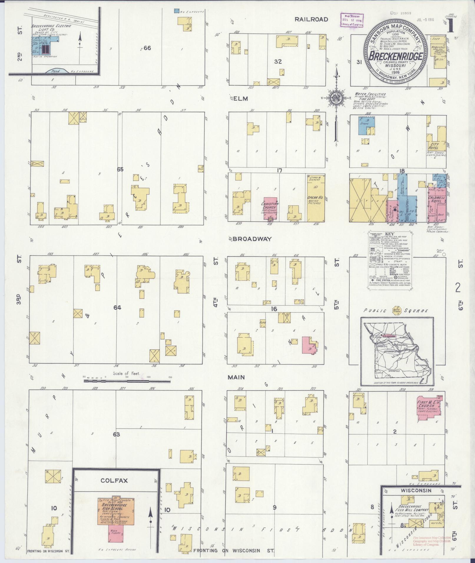 Sanborn Fire Insurance Map from Breckenridge, Caldwell County, Missouri (1916), Sheet #0001 - Complete Map Set gallery image, historic Sanborn map, vintage wall art, Missouri Missouri