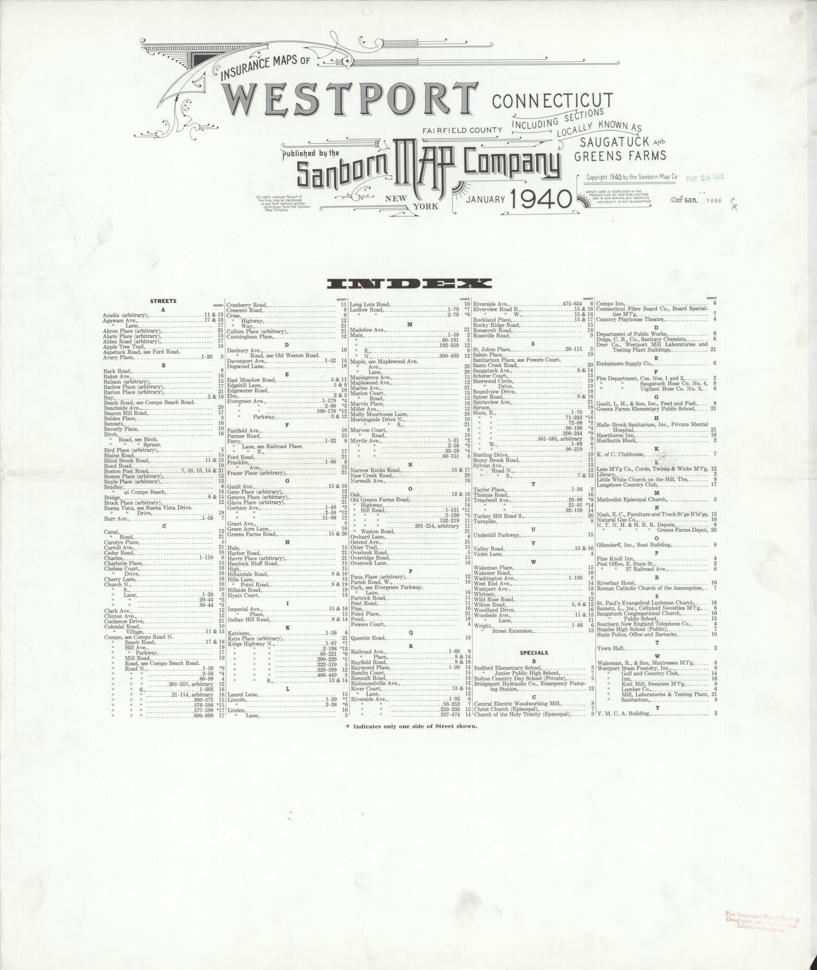 Sanborn Fire Insurance Map from Westport, Fairfield County, Connecticut (1940), Sheet #0001 - Historic Sanborn Fire Insurance Map Print, vintage old map wall art, antique decor, genealogy gift, Connecticut Connecticut map