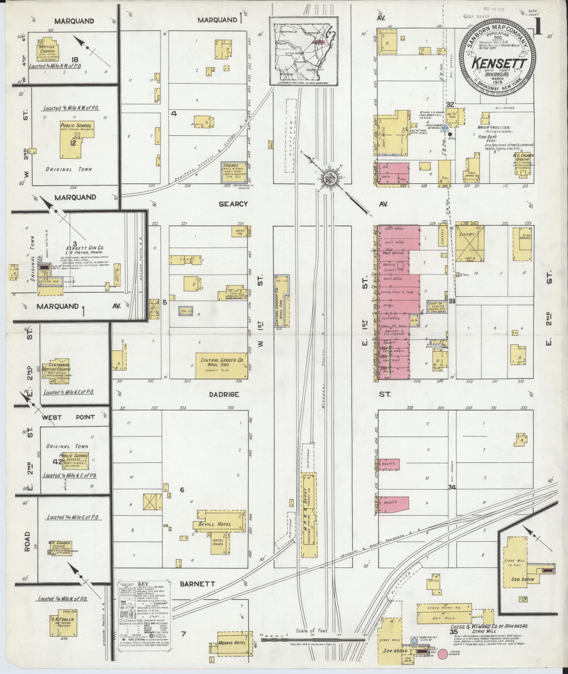 Sanborn Fire Insurance Map from Kensett, White County, Arkansas (1919), Sheet #0001 - Historic Sanborn Fire Insurance Map Print, vintage old map wall art, antique decor, genealogy gift, Arkansas Arkansas map