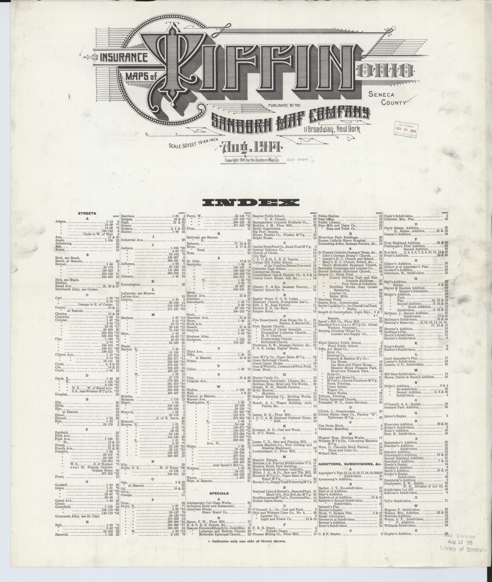 Sanborn Fire Insurance Map from Tiffin, Seneca County, Ohio (1914), Sheet #0001 - Historic Sanborn Fire Insurance Map Print, vintage old map wall art, antique decor, genealogy gift, Ohio Ohio map