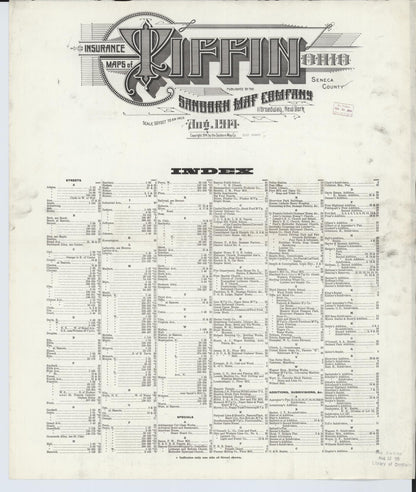 Sanborn Fire Insurance Map from Tiffin, Seneca County, Ohio (1914), Sheet #0001 - Historic Sanborn Fire Insurance Map Print, vintage old map wall art, antique decor, genealogy gift, Ohio Ohio map