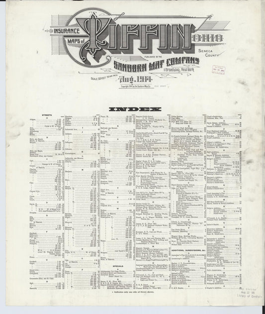 Sanborn Fire Insurance Map from Tiffin, Seneca County, Ohio (1914), Sheet #0001 - Historic Sanborn Fire Insurance Map Print, vintage old map wall art, antique decor, genealogy gift, Ohio Ohio map