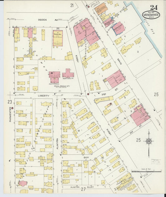 Sanborn Fire Insurance Map from Menominee, Menominee County, Michigan (1913), Sheet #0024 - Historic Sanborn Fire Insurance Map Print, vintage old map wall art, antique decor, genealogy gift, Michigan Michigan map