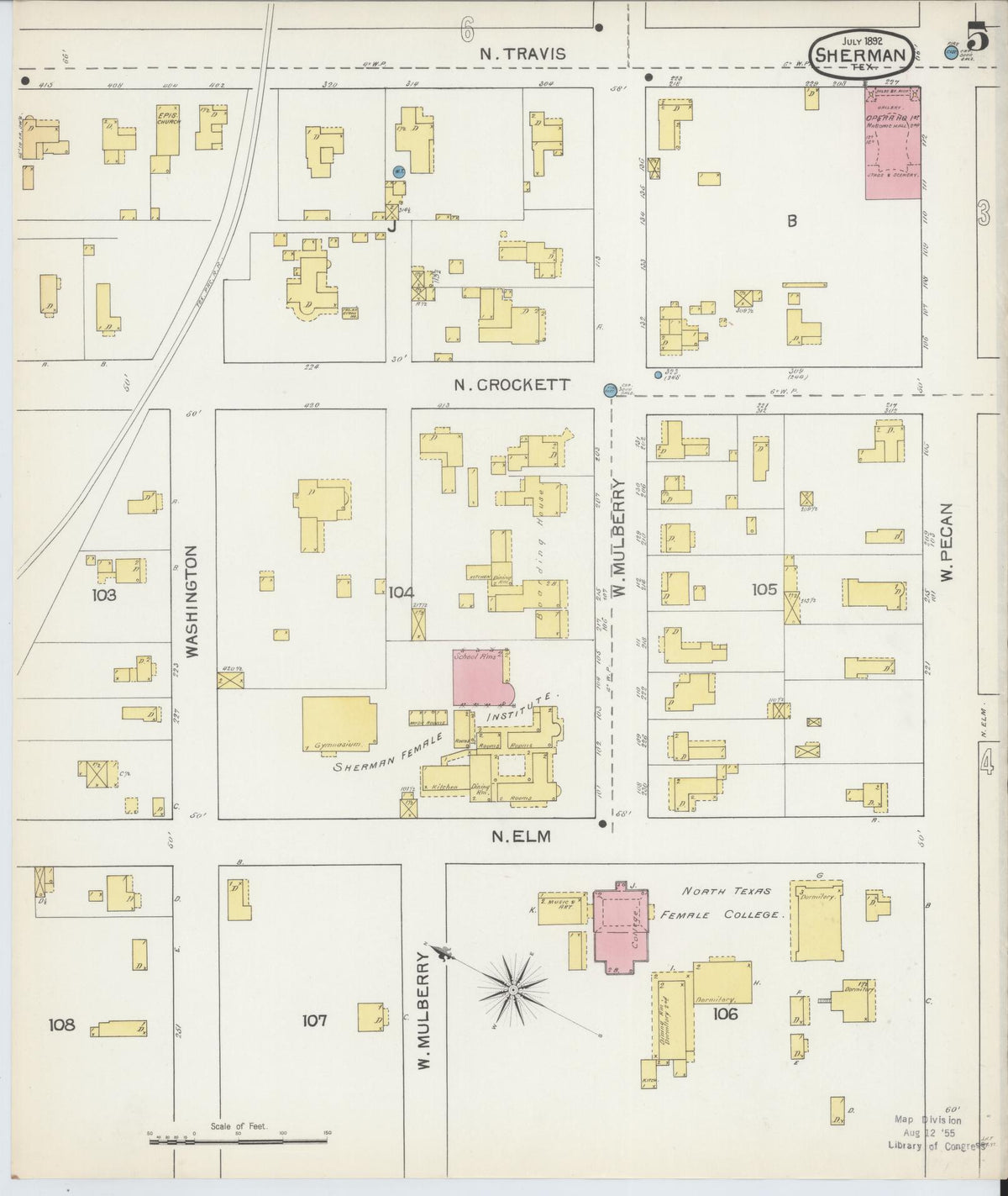 Sanborn Fire Insurance Map from Sherman, Grayson County, Texas (1892), Sheet #0005 - Complete Map Set gallery image, historic Sanborn map, vintage wall art, Texas Texas