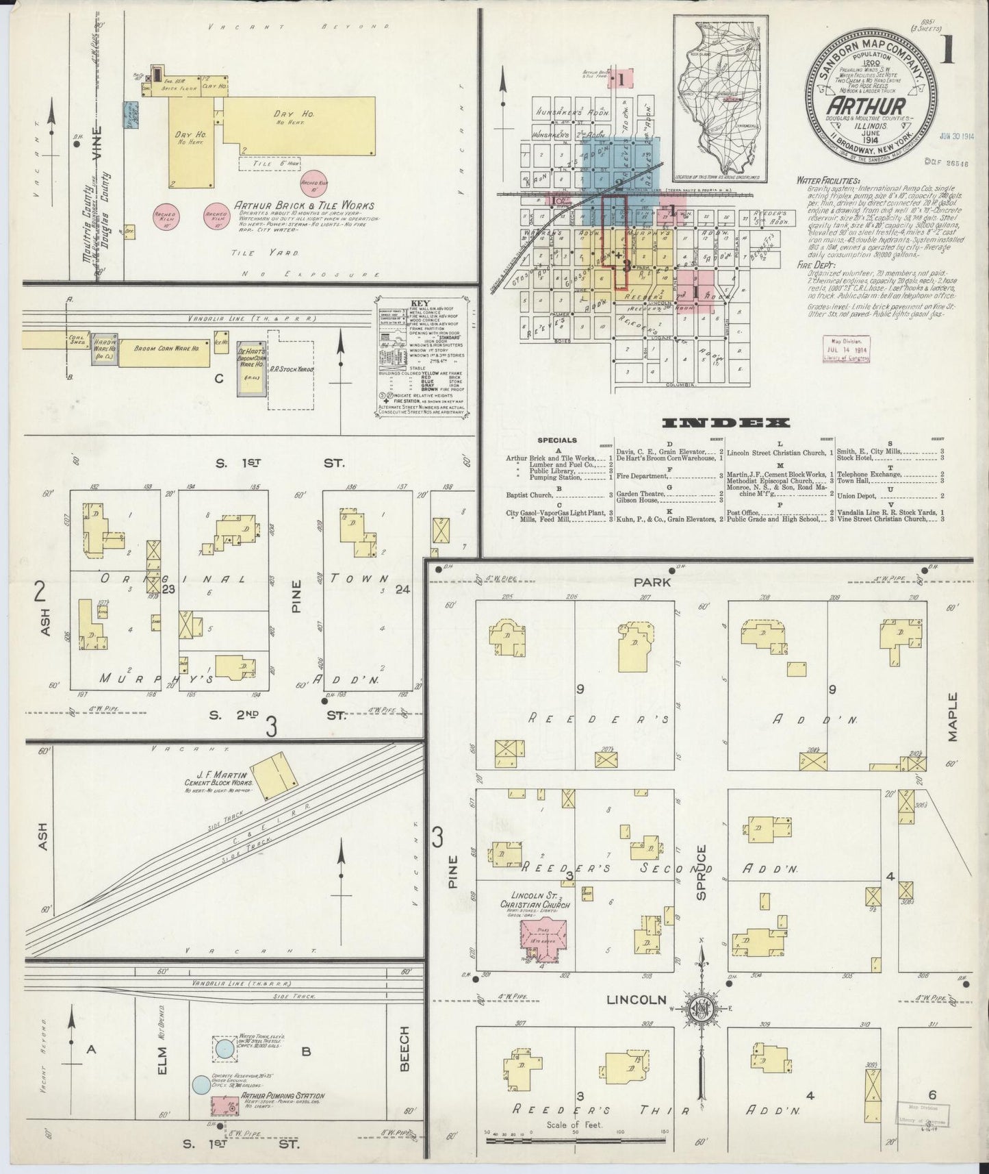 Sanborn Fire Insurance Map from Arthur, Moultrie And Douglas Counties, Illinois (1914), Sheet #0001 - Historic Sanborn Fire Insurance Map Print, vintage old map wall art, antique decor, genealogy gift, Illinois Illinois map