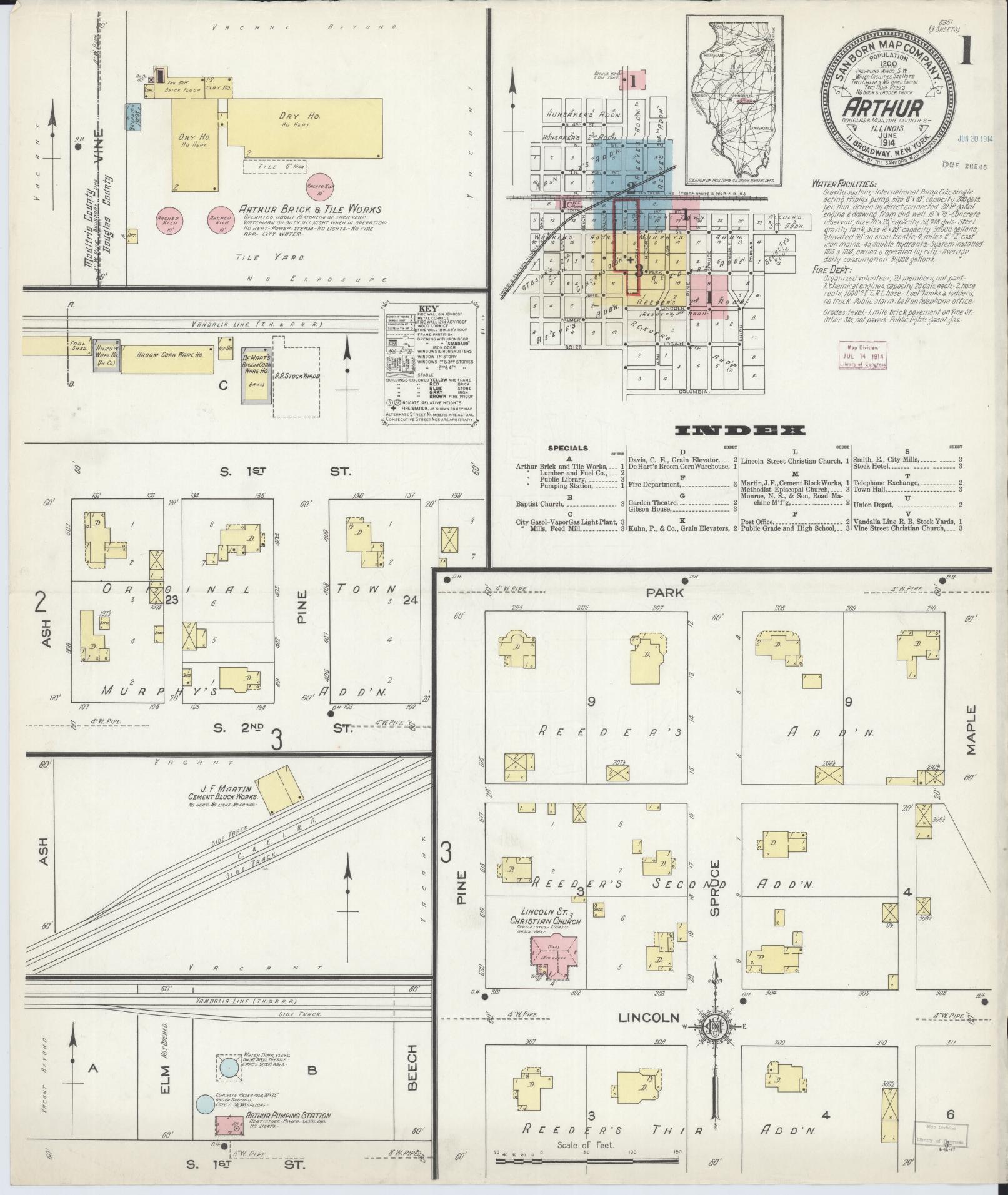 Sanborn Fire Insurance Map from Arthur, Moultrie And Douglas Counties, Illinois (1914), Sheet #0001 - Historic Sanborn Fire Insurance Map Print, vintage old map wall art, antique decor, genealogy gift, Illinois Illinois map