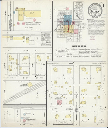 Sanborn Fire Insurance Map from Arthur, Moultrie And Douglas Counties, Illinois (1914), Sheet #0001 - Historic Sanborn Fire Insurance Map Print, vintage old map wall art, antique decor, genealogy gift, Illinois Illinois map