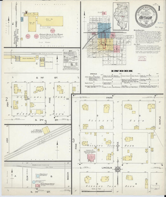 Sanborn Fire Insurance Map from Arthur, Moultrie And Douglas Counties, Illinois (1914), Sheet #0001 - Historic Sanborn Fire Insurance Map Print, vintage old map wall art, antique decor, genealogy gift, Illinois Illinois map
