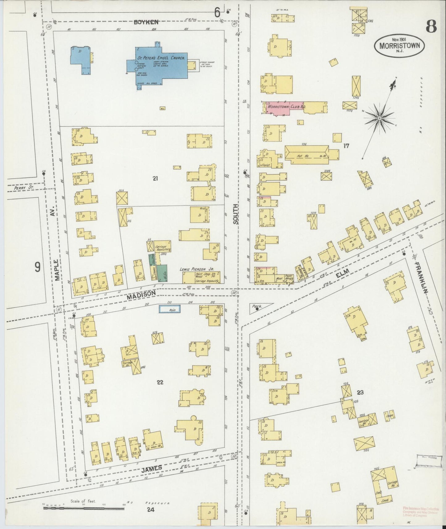 Sanborn Fire Insurance Map from Morristown, Morris County, New Jersey (1901), Sheet #0008 - Complete Map Set gallery image, historic Sanborn map, vintage wall art, New Jersey New Jersey