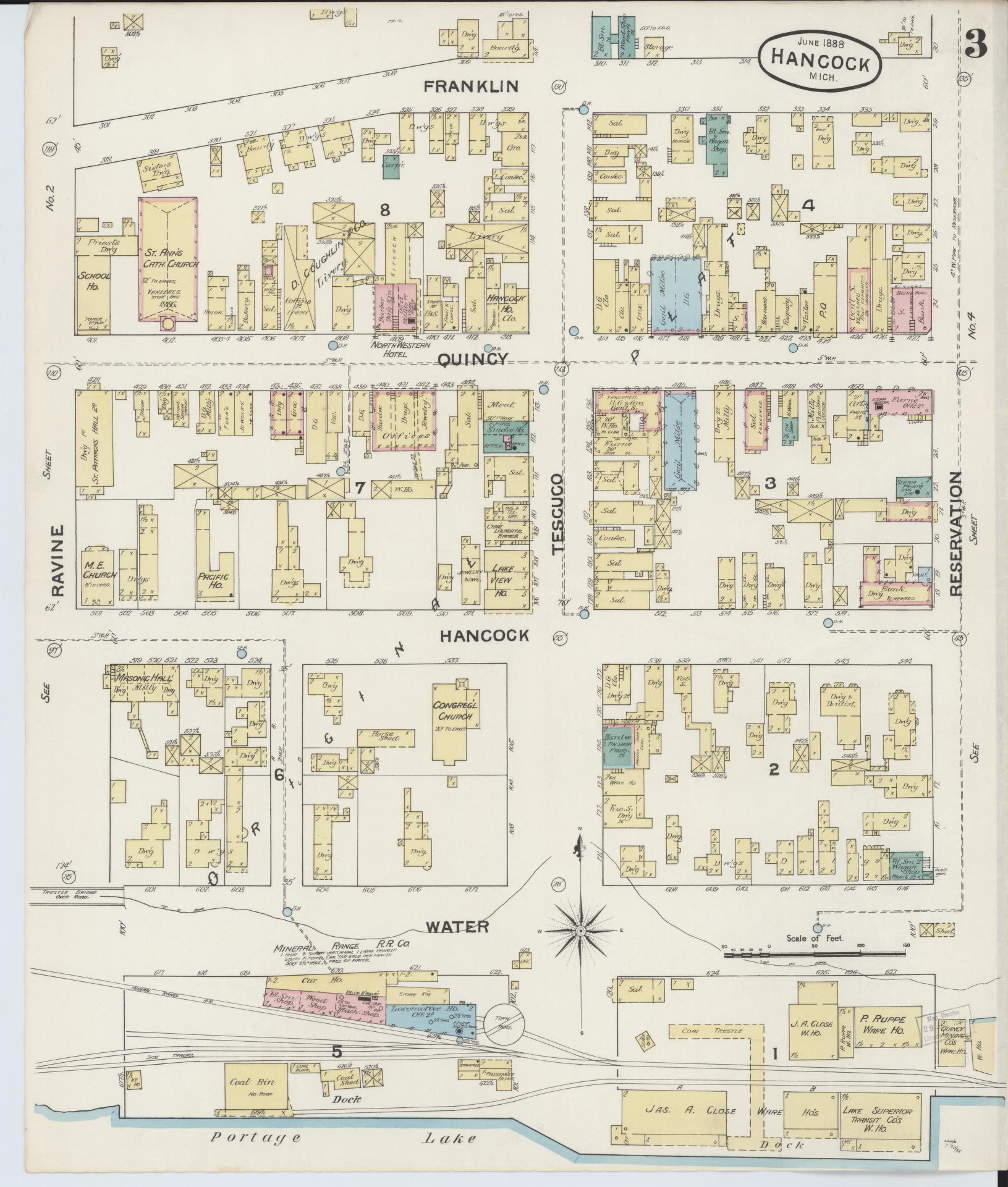Sanborn Fire Insurance Map from Houghton, Houghton County, Michigan (1888), Sheet #0003 - Historic Sanborn Fire Insurance Map Print, vintage old map wall art, antique decor, genealogy gift, Michigan Michigan map