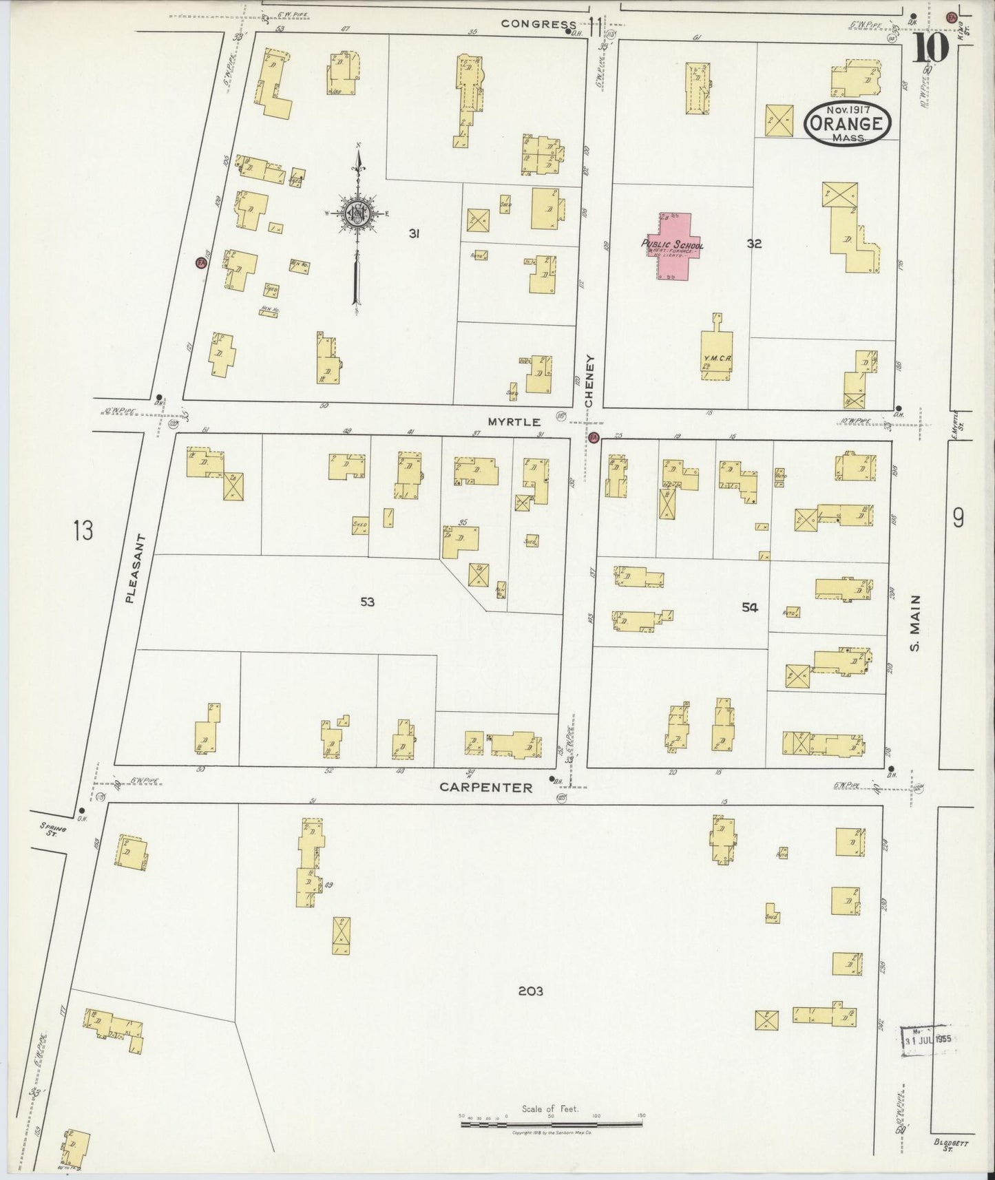 Sanborn Fire Insurance Map from Orange, Franklin County, Massachusetts (1917), Sheet #0010 - Historic Sanborn Fire Insurance Map Print, vintage old map wall art, antique decor, genealogy gift, Massachusetts Massachusetts map