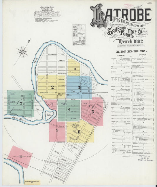 Sanborn Fire Insurance Map from Latrobe, Westmoreland County, Pennsylvania (1892), Sheet #0001 - Historic Sanborn Fire Insurance Map Print, vintage old map wall art, antique decor, genealogy gift, Pennsylvania Pennsylvania map