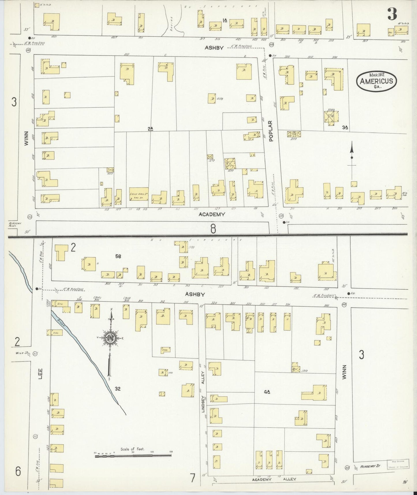 Sanborn Fire Insurance Map from Americus, Sumter County, Georgia (1912), Sheet #0003 - Complete Map Set gallery image, historic Sanborn map, vintage wall art, Georgia Georgia