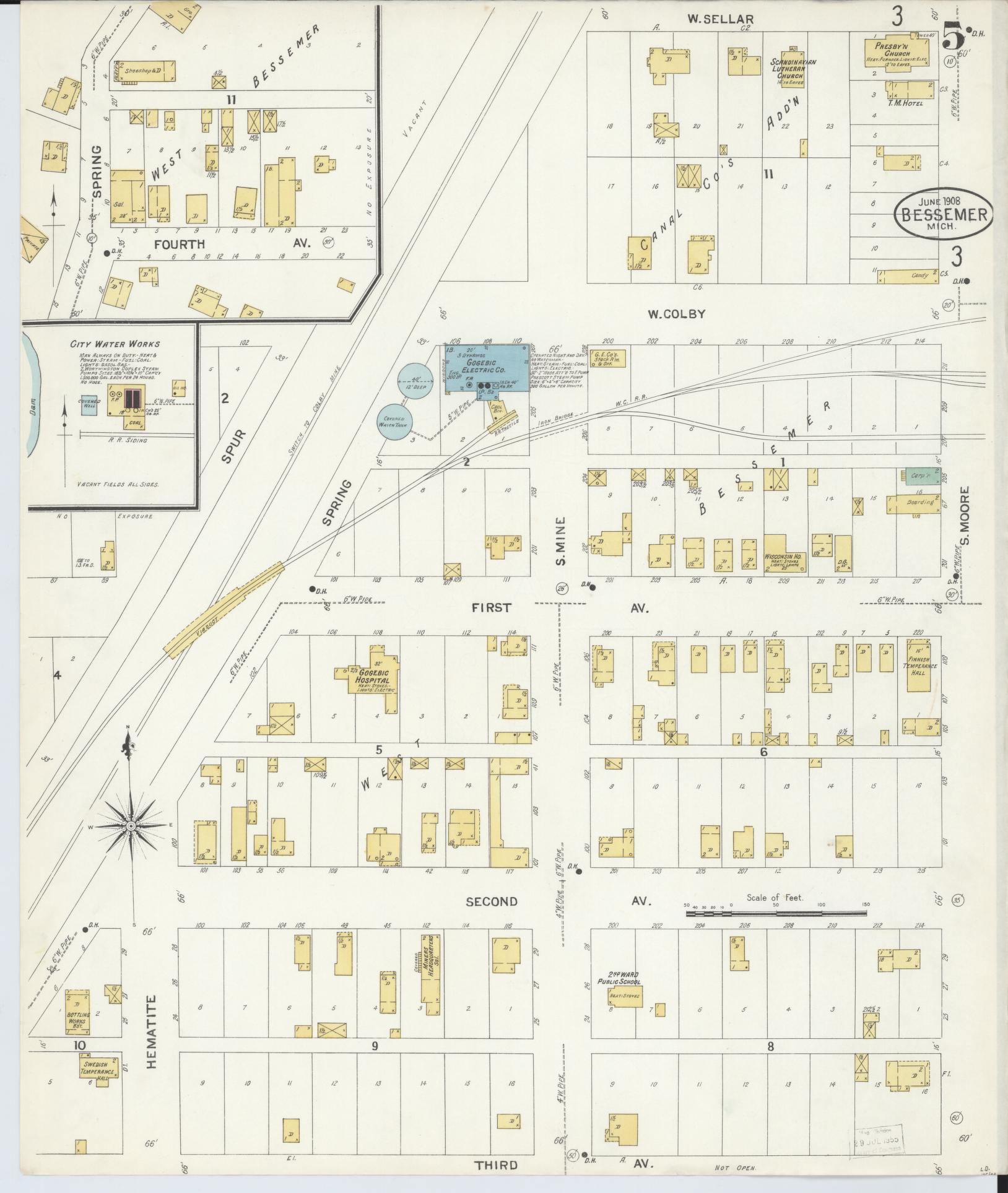 Sanborn Fire Insurance Map from Bessemer, Gogebic County, Michigan (1908), Sheet #0005 - Complete Map Set gallery image, historic Sanborn map, vintage wall art, Michigan Michigan