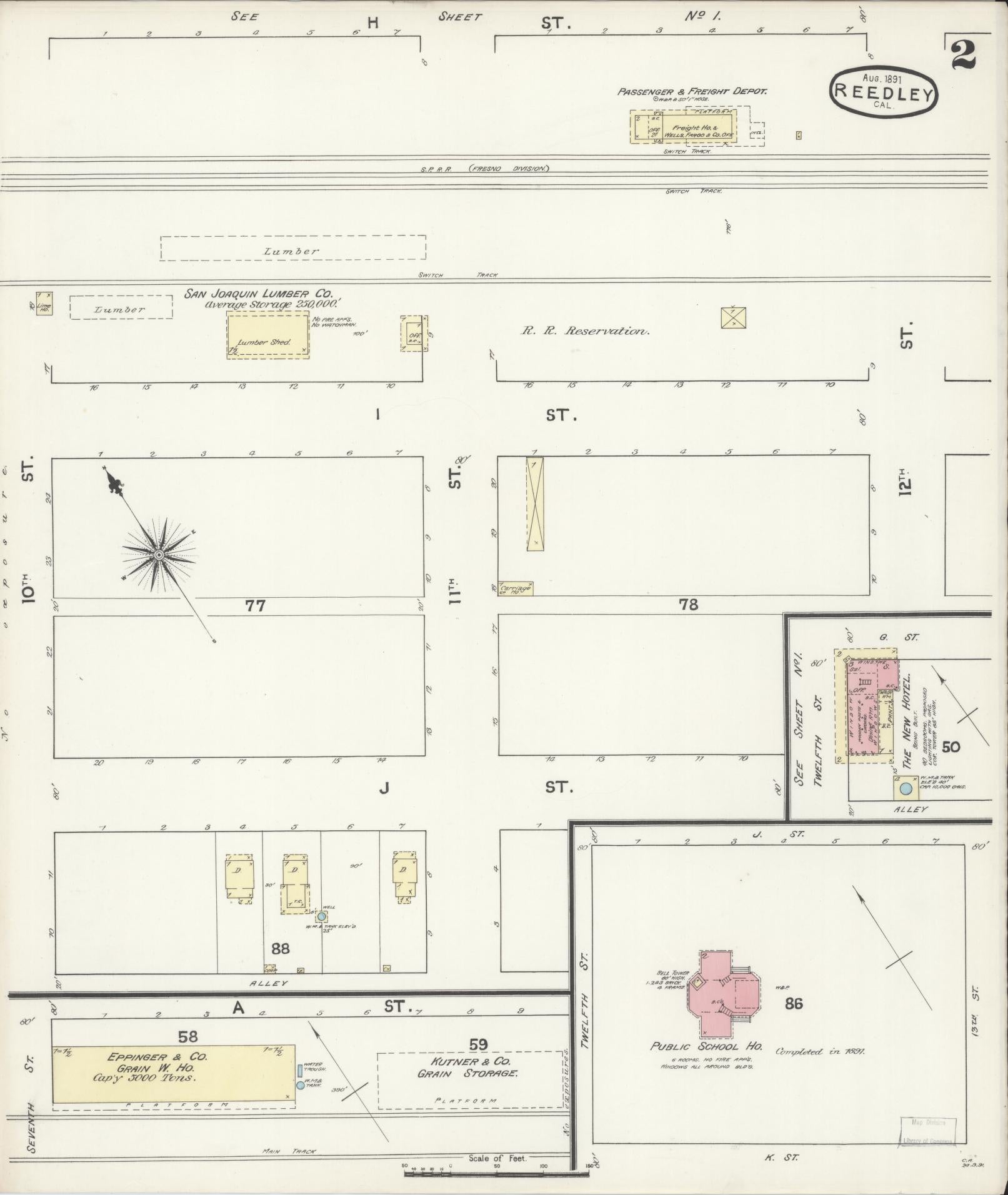 Sanborn Fire Insurance Map from Reedley, Fresno County, California (1891), Sheet #0002 - Complete Map Set gallery image, historic Sanborn map, vintage wall art, California California